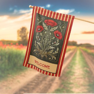 Vintage Poppies Art Nouveau Gold Red Striped