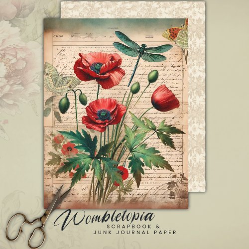 Vintage Poppies  Dragonfly Botanical Ephemera