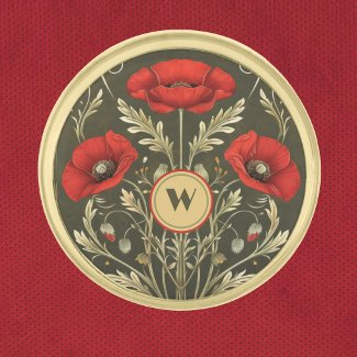 Vintage Poppies Gold Red Art Nouveau Monogram