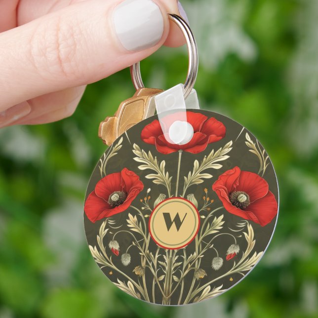 Vintage Poppies Gold Red Art Nouveau Monogram Keychain (Creator Uploaded)