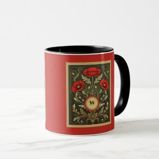 Vintage Poppies Gold Red Art Nouveau Monogram