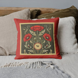Vintage Poppies Gold Red Art Nouveau Monogram Throw Pillow