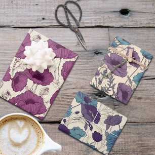 Vintage Poppies in Purple and Teal Wrapping Paper Sheets