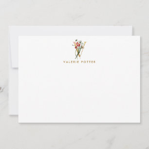 Vintage Poppies Monogram Gold Letter V Note Card