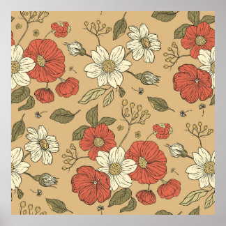 Vintage poppy and daisy flower seamless garden pat poster