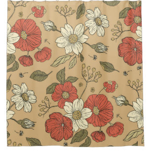 Vintage poppy and daisy flower seamless garden pat shower curtain
