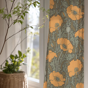 Vintage Poppy Art Nouveau Warm Earthy Sheer Curtains