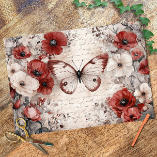 Vintage Poppy floral and butterfly decoupage Tissue Paper