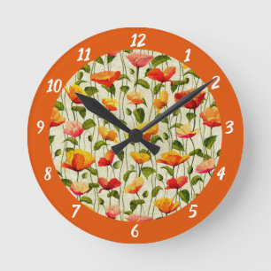 Vintage Poppy Flowers Orange Red Floral Pattern Round Clock