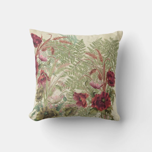 Vintage Poppy Flowers Wheat & Ferns Throw Pillow (Front)