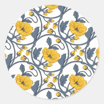 Vintage Poppy Poppies Flowers Tile Design Classic Round Sticker by PrintTiques at Zazzle