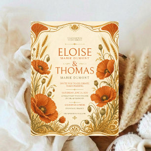 Vintage Poppy Wedding Art Wildflower Botanical Invitation