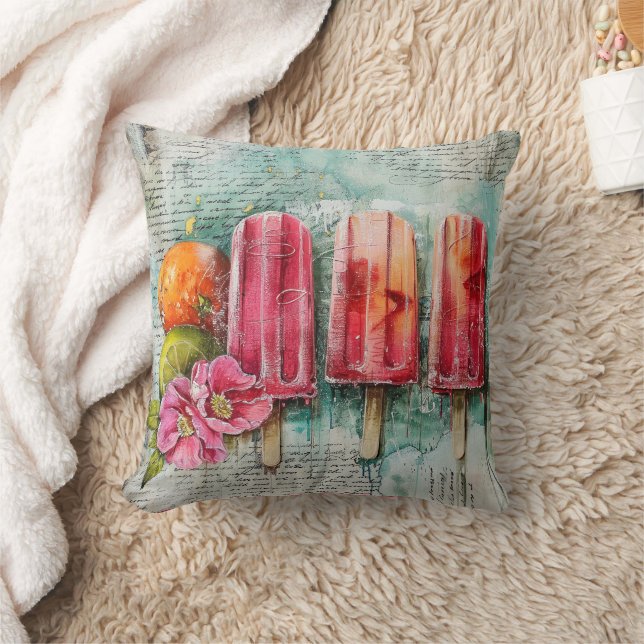 Vintage Popsicles with Lime & Dog Roses  Throw Pillow (Blanket)