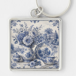 Vintage Porcelain Elegance Blue And White Keychain