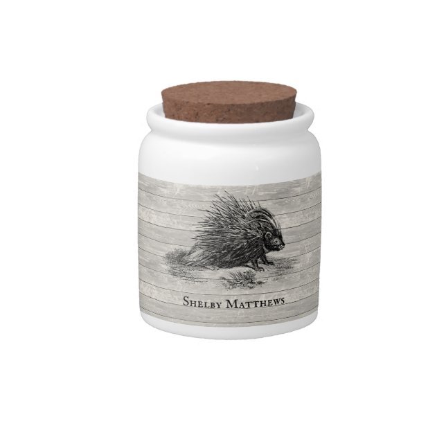 Vintage Porcupine Illustration Personalized Candy Jar (Front)