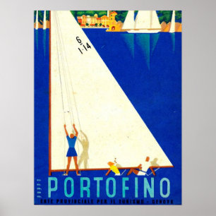 Vintage Portofino Blue Sea White Sailboats Tourism Poster
