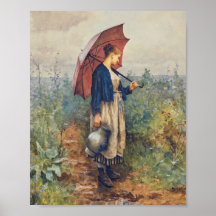 Vintage Portrait Painting of Woman Gathering Water