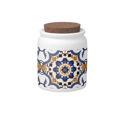 Vintage Portuguese Azulejo Blue Yellow Pattern Candy Jar