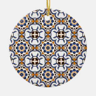 Vintage Portuguese Azulejo Blue Yellow Pattern Ceramic Ornament