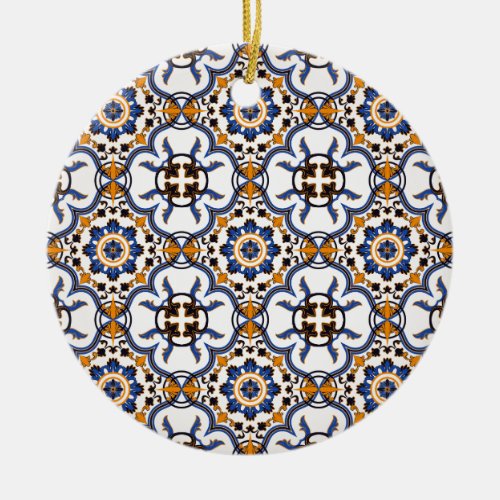 Vintage Portuguese Azulejo Blue Yellow Pattern Ceramic Ornament
