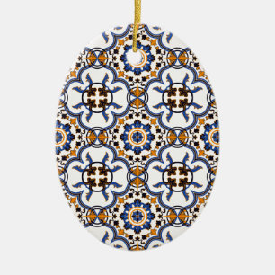 Vintage Portuguese Azulejo Blue Yellow Pattern Ceramic Ornament