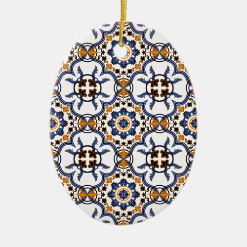 Vintage Portuguese Azulejo Blue Yellow Pattern Ceramic Ornament