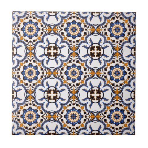 Vintage Portuguese Azulejo Blue Yellow Pattern Ceramic Tile