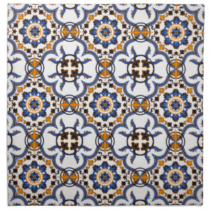 Vintage Portuguese Azulejo Blue Yellow Pattern Cloth Napkin