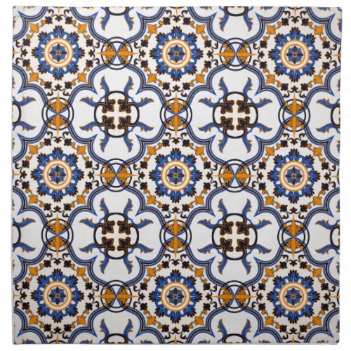 Vintage Portuguese Azulejo Blue Yellow Pattern Cloth Napkin