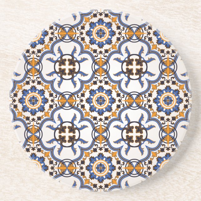 Vintage Portuguese Azulejo Blue Yellow Pattern Coaster (Front)