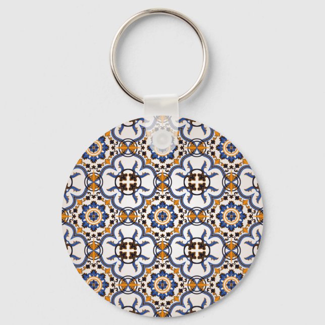 Vintage Portuguese Azulejo Blue Yellow Pattern Keychain (Front)