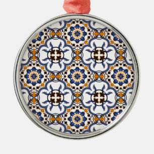 Vintage Portuguese Azulejo Blue Yellow Pattern Metal Ornament