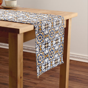 Vintage Portuguese Azulejo Blue Yellow Pattern Short Table Runner
