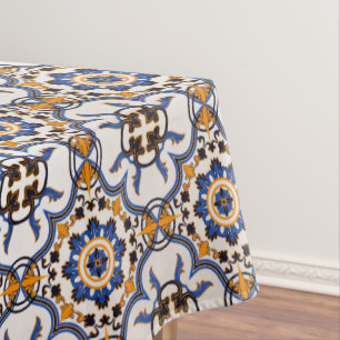 Vintage Portuguese Azulejo Blue Yellow Pattern Tablecloth