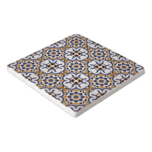 Vintage Portuguese Azulejo Blue Yellow Pattern Trivet