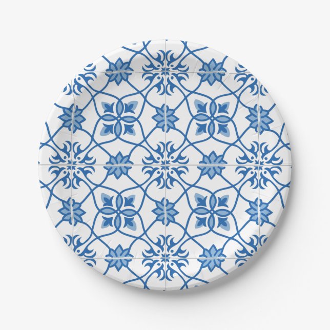 Vintage Portuguese Azulejo Tile Pattern Paper Plates (Front)