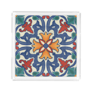 Vintage Portuguese Azulejos Tile Pattern Acrylic Tray