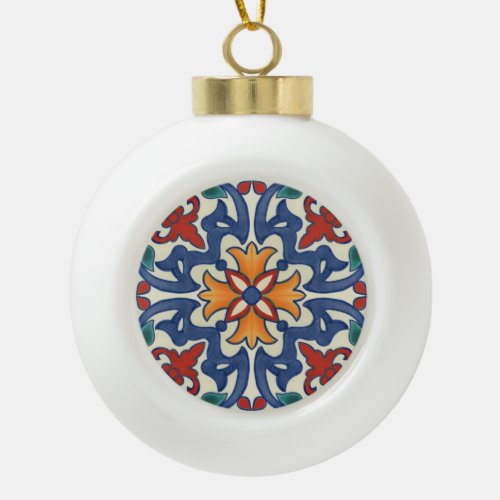Vintage Portuguese Azulejos Tile Pattern Ceramic Ball Christmas Ornament