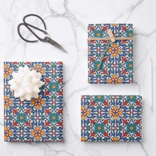 Vintage Portuguese Azulejos Tile Pattern Wrapping Paper Sheets