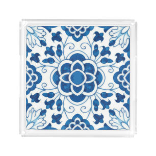 Vintage Portuguese Blue Azulejos Tile Pattern Acrylic Tray