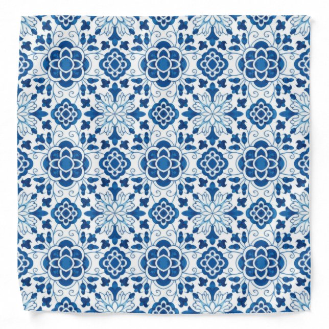 Vintage Portuguese Blue Azulejos Tile Pattern Bandana (Front)