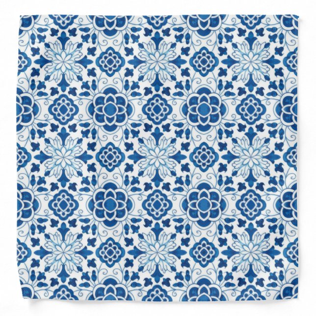 Vintage Portuguese Blue Azulejos Tile Pattern Bandana (Front)