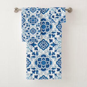 Vintage Portuguese Blue Azulejos Tile Pattern Bath Towel Set