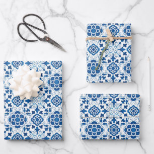 Vintage Portuguese Blue Azulejos Tile Pattern Wrapping Paper Sheets