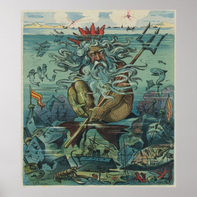 Vintage Poseidon & Sunken Ships Illustration Poster (Front)