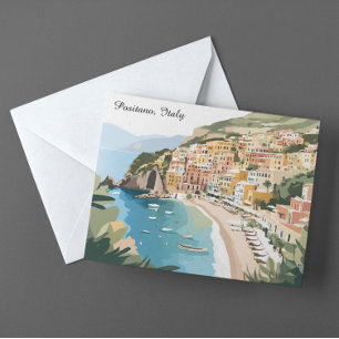 Vintage Positano Italy  Amalfi Coast Travel Art Postcard