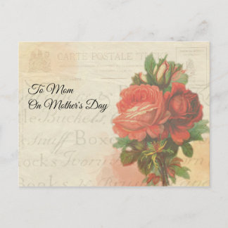 Vintage Post Mail Mother's Day Red Rose Bouquet Postcard