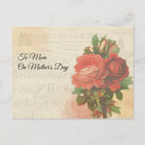 Vintage Post Mail Mothers Day Red Rose Bouquet Postcard