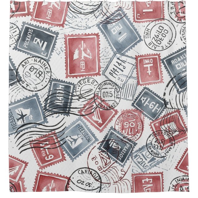 Vintage Postage Stamp Collage Pattern (1) Shower Curtain (Front)