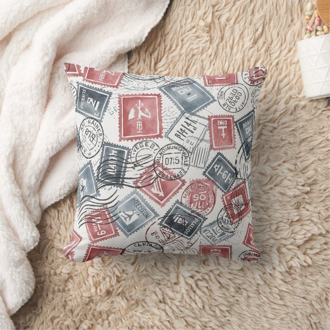 Vintage Postage Stamp Collage Pattern (1) Throw Pillow (Blanket)